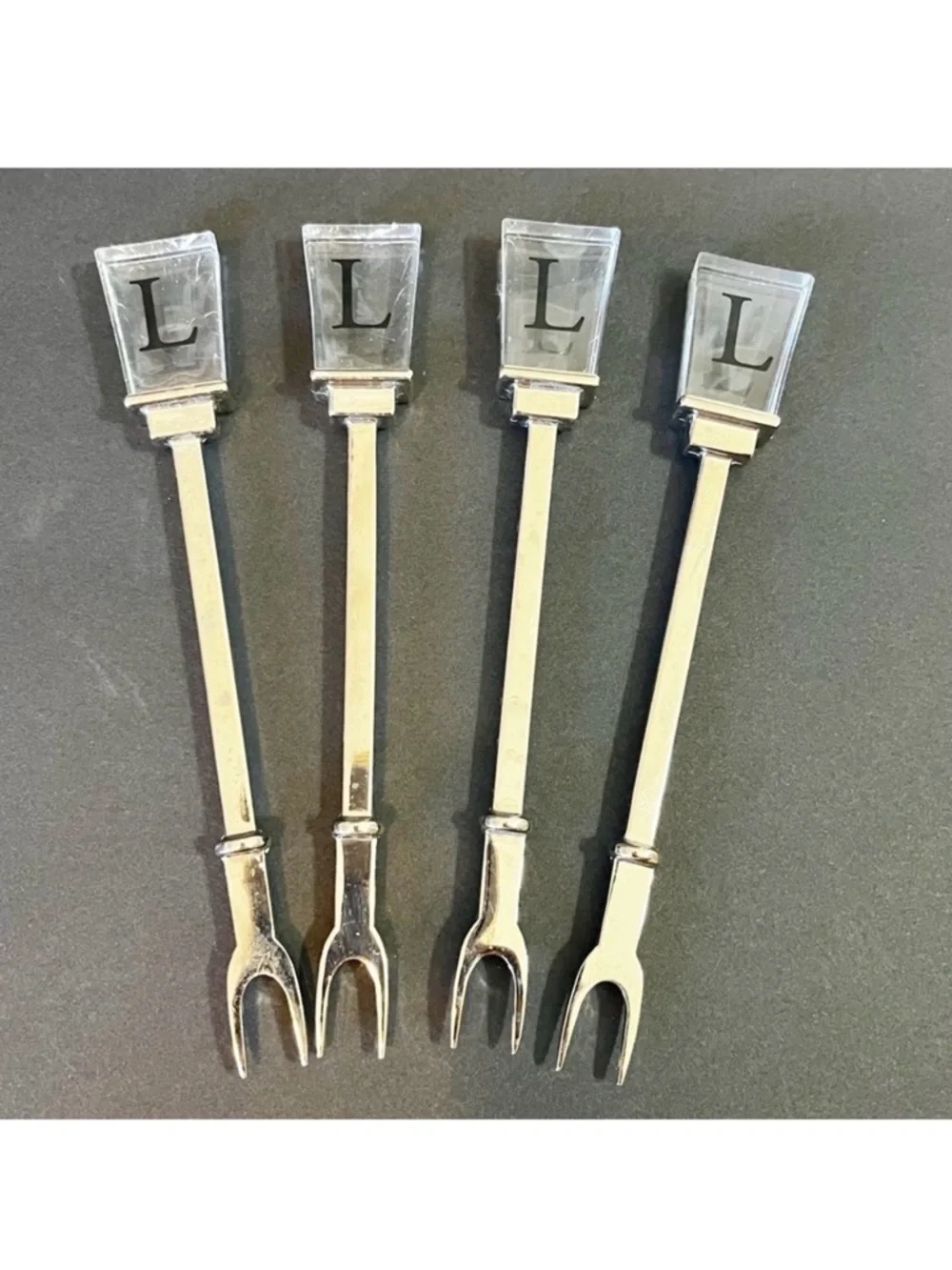 Vintage Cocktail Appetizer Forks Picks Acrylic Handle “L” Logo Stainless Set 4x
